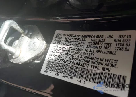 2010 Honda Cr-V Lx z USA, uszkodzony, nr VIN 5J6RE4H3XAL083557